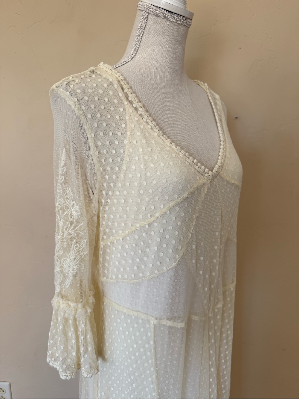 Ivory Swiss Dot Lace Midi Dress Sundance Large Embroidered Ruffles Boho Romantic - Picture 4 of 9